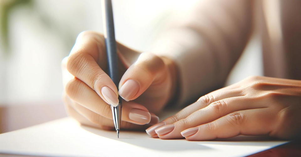 a female hand showing the ideal nail length for writing comfort